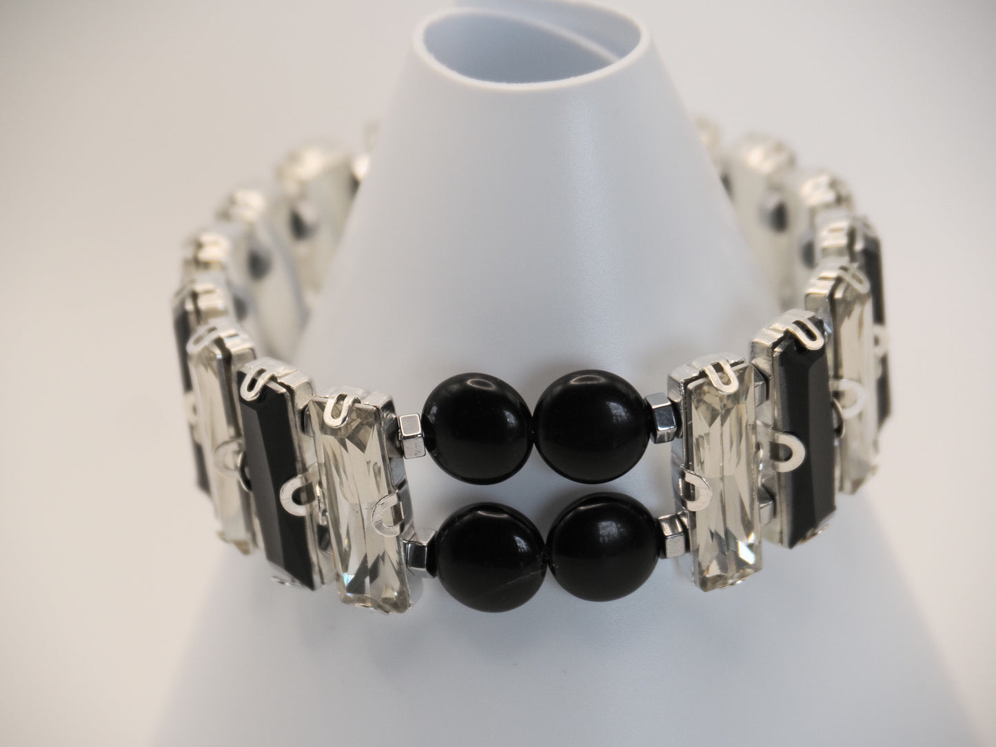 Black & Clear Crystal Stretch Bracelet | Obsidian Centre | Silver Baguettes | Prom Bracelet | Statement Bracelet | Handmade