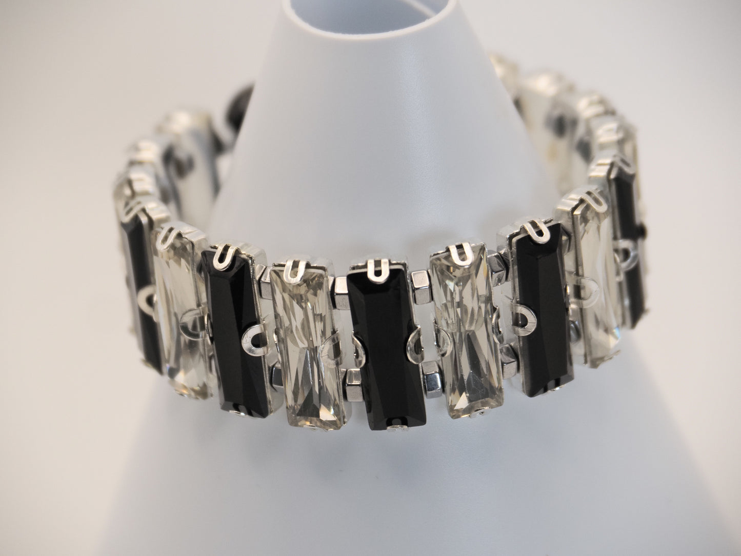 Black & Clear Crystal Stretch Bracelet | Obsidian Centre | Silver Baguettes | Prom Bracelet | Statement Bracelet | Handmade
