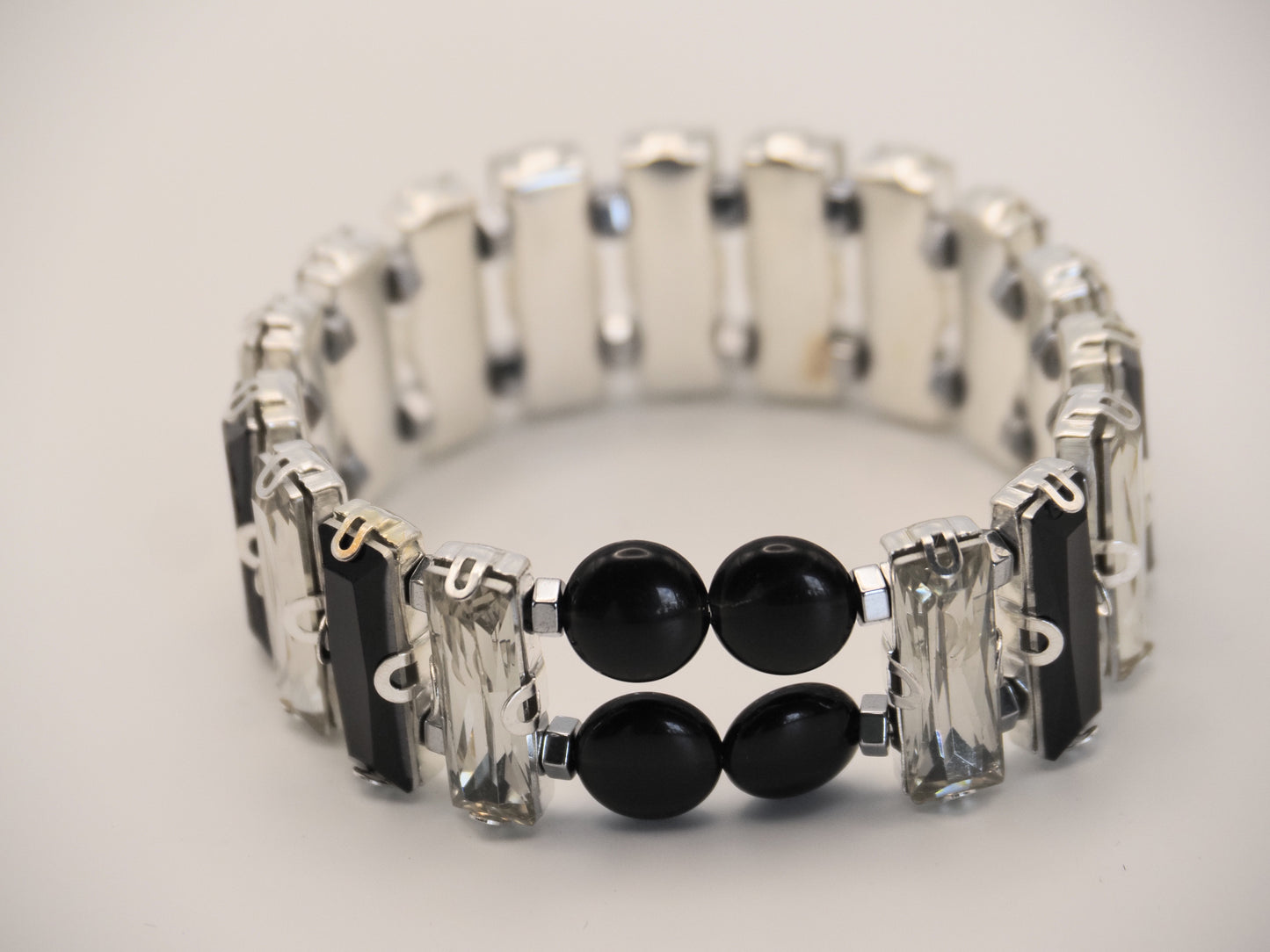 Black & Clear Crystal Stretch Bracelet | Obsidian Centre | Silver Baguettes | Prom Bracelet | Statement Bracelet | Handmade