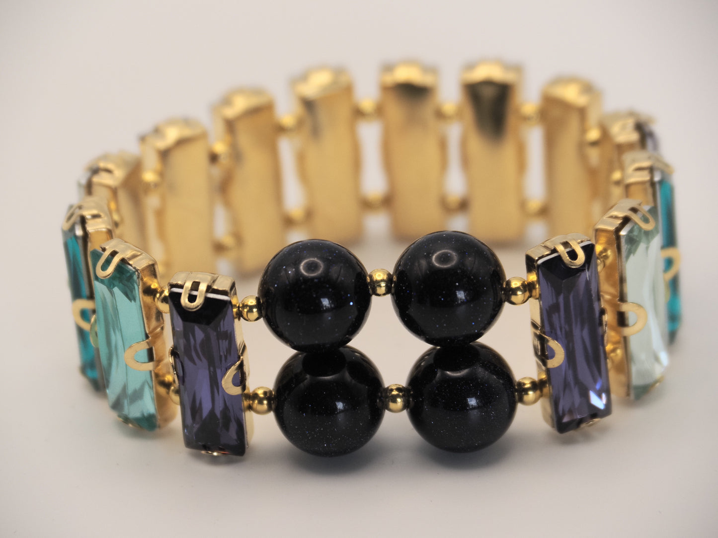 Blue Goldstone and Crystal Stretch Bracelet | Purple Aqua Teal Baguettes | Prom Bracelet | Statement Bracelet | Handmade