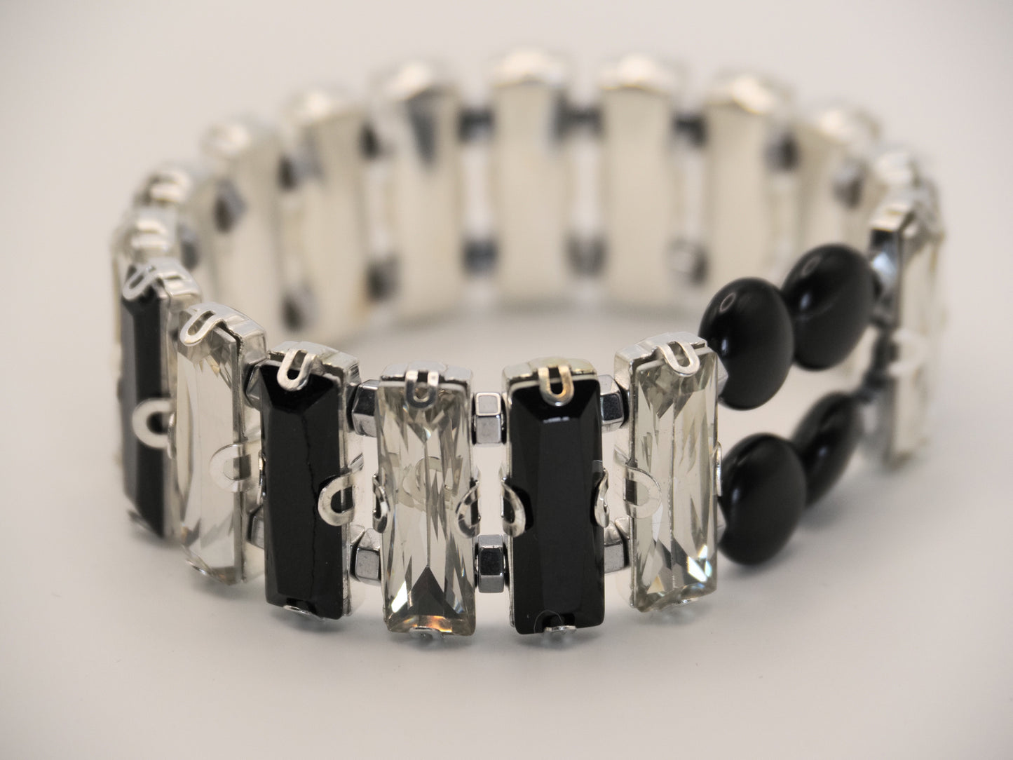 Black & Clear Crystal Stretch Bracelet | Obsidian Centre | Silver Baguettes | Prom Bracelet | Statement Bracelet | Handmade