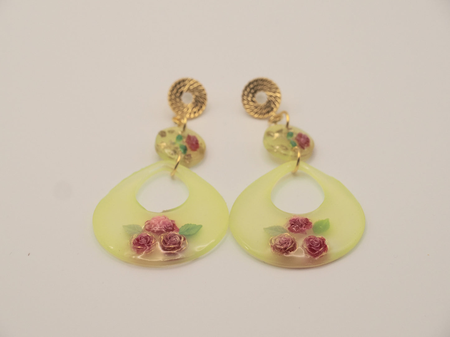 Yellow Resin Rose Drop Earrings | Gold Spiral Stud | Floral Statement Earrings | Handmade Resin Jewellery