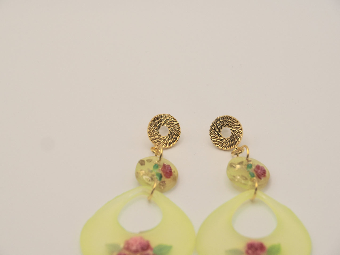 Yellow Resin Rose Drop Earrings | Gold Spiral Stud | Floral Statement Earrings | Handmade Resin Jewellery