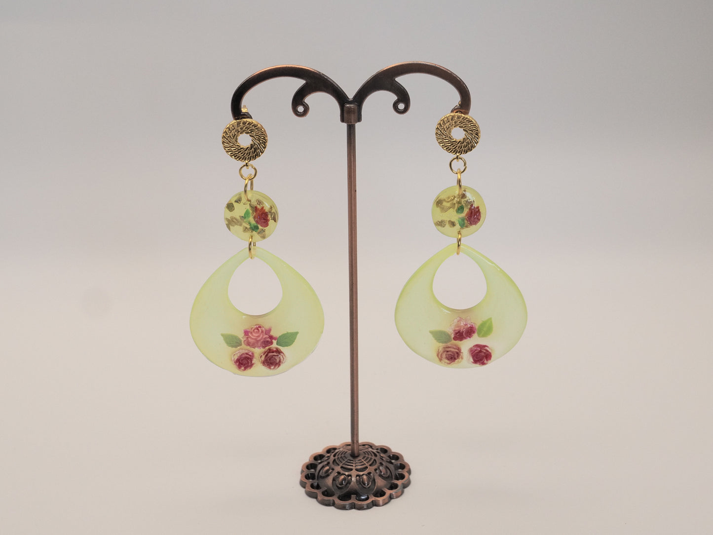 Yellow Resin Rose Drop Earrings | Gold Spiral Stud | Floral Statement Earrings | Handmade Resin Jewellery