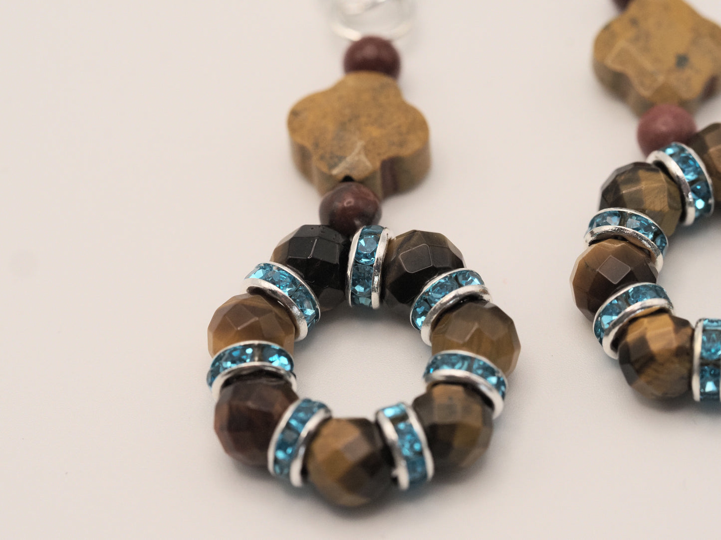 Tiger's Eye and Mookite Drop Earrings | Turquoise Square Stud | Blue Rhinestone Rondelles | Handmade Boho Statement Earrings