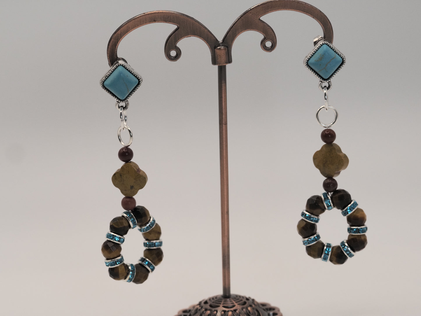 Tiger's Eye and Mookite Drop Earrings | Turquoise Square Stud | Blue Rhinestone Rondelles | Handmade Boho Statement Earrings