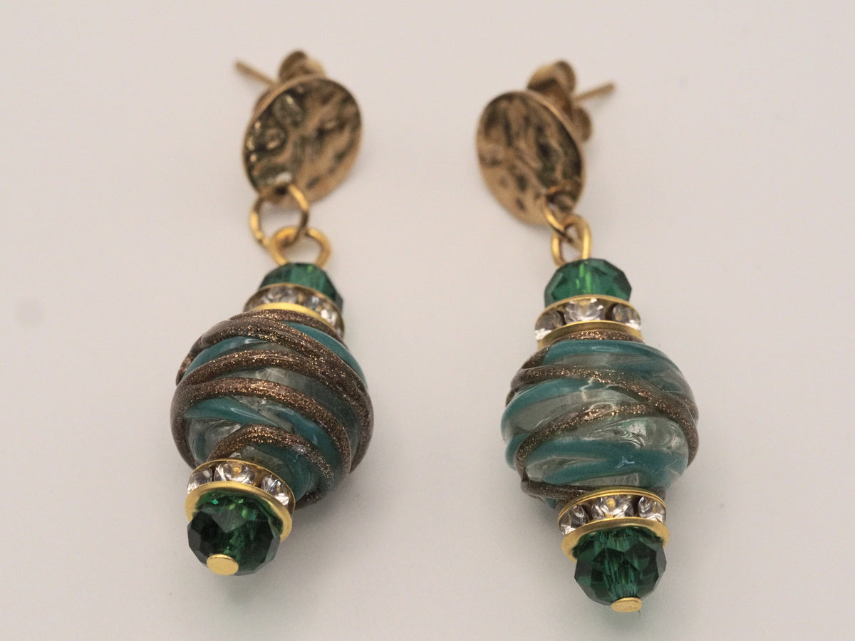 Lampwork Bead Drop Earrings | Emerald Crystal & Rhinestone | Hammered Brass Stud | Handmade Statement Earrings