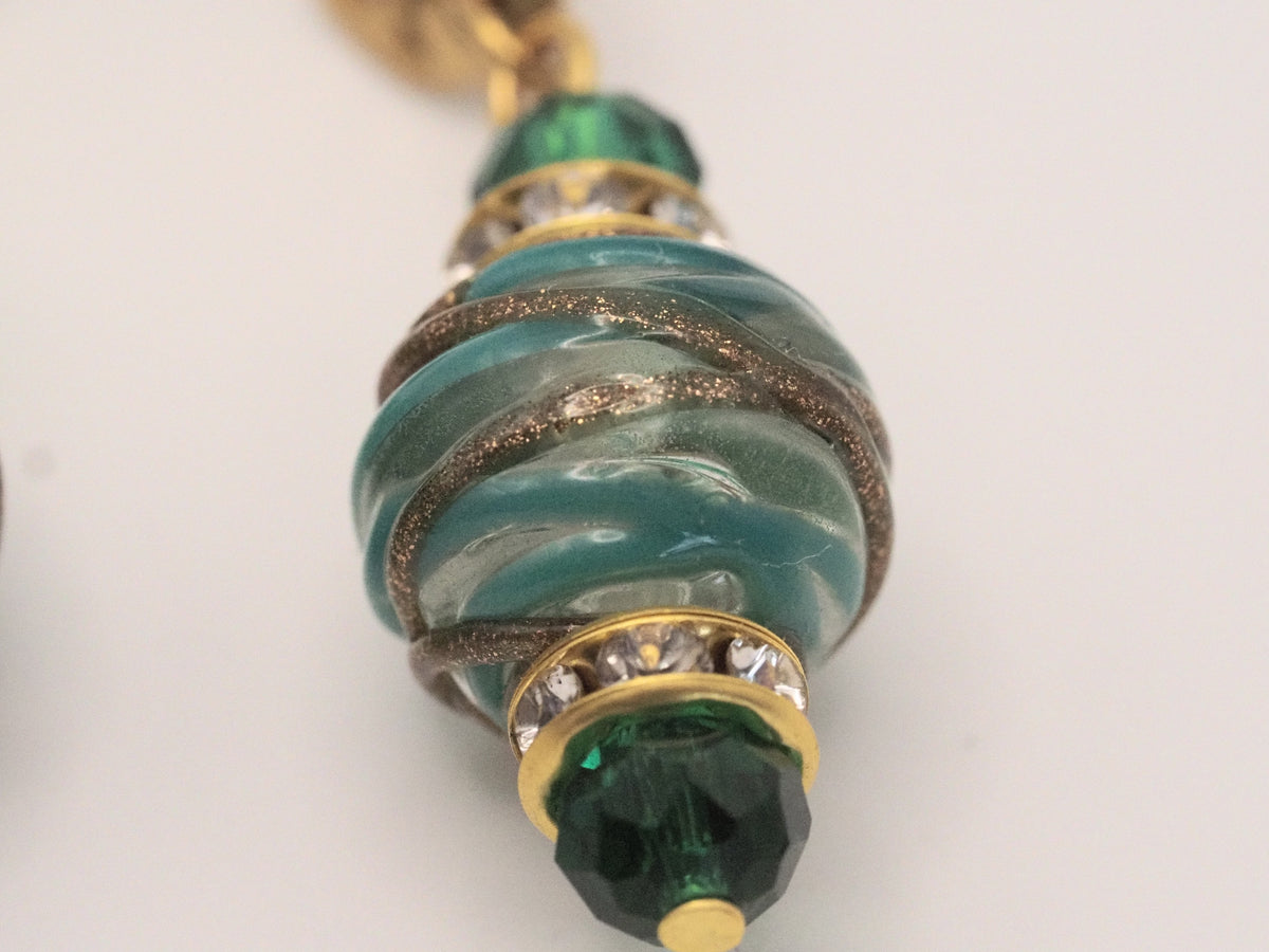 Lampwork Bead Drop Earrings | Emerald Crystal & Rhinestone | Hammered Brass Stud | Handmade Statement Earrings
