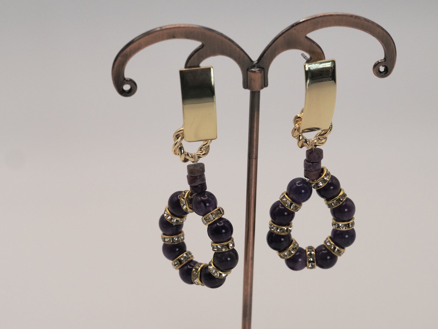 Amethyst and Purple Jasper Drop Earrings | Gold Plated Rhinestone Rondelles | Statement Stud Earrings | Handmade Gemstone Jewellery