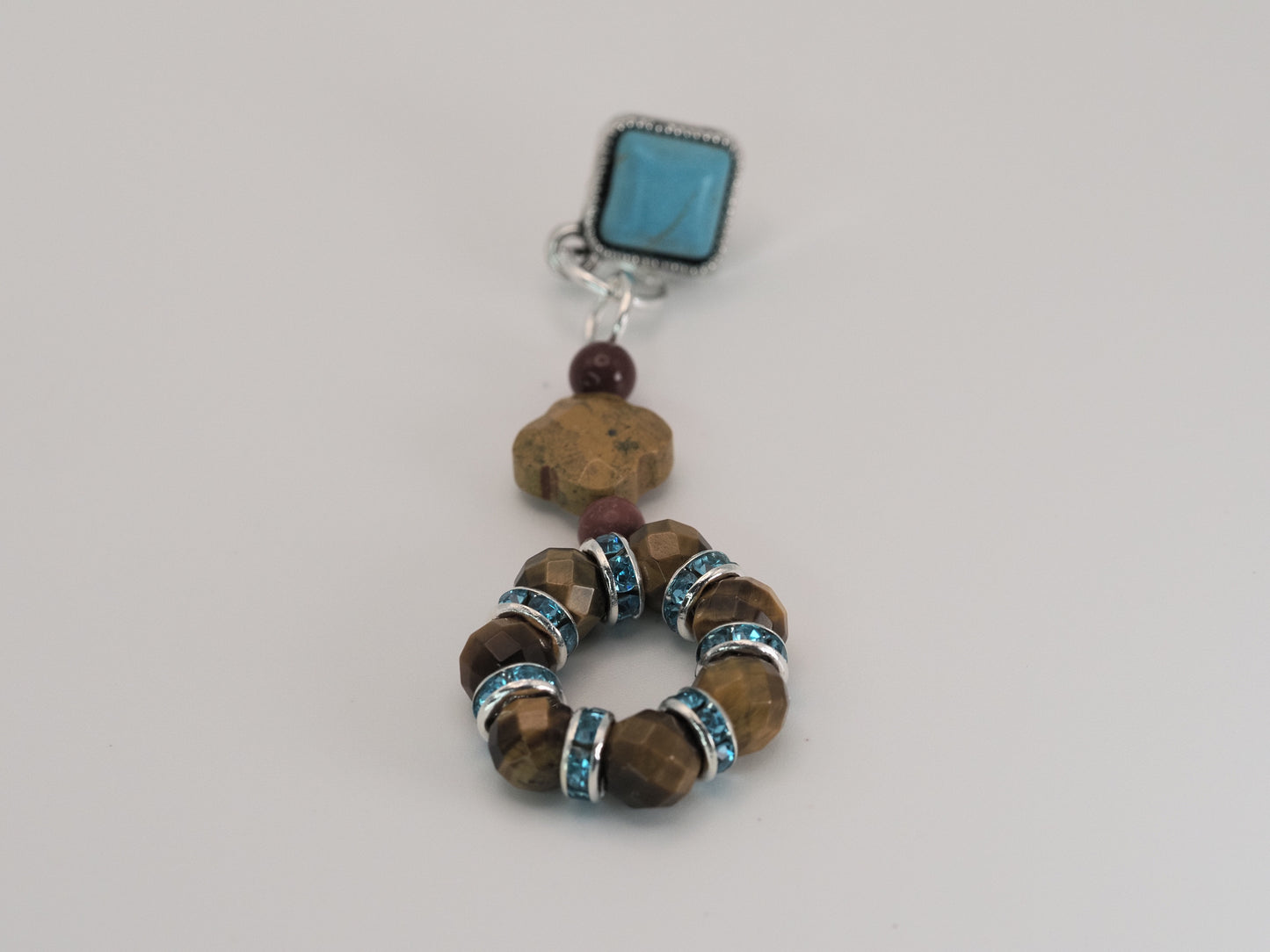 Tiger's Eye and Mookite Drop Earrings | Turquoise Square Stud | Blue Rhinestone Rondelles | Handmade Boho Statement Earrings