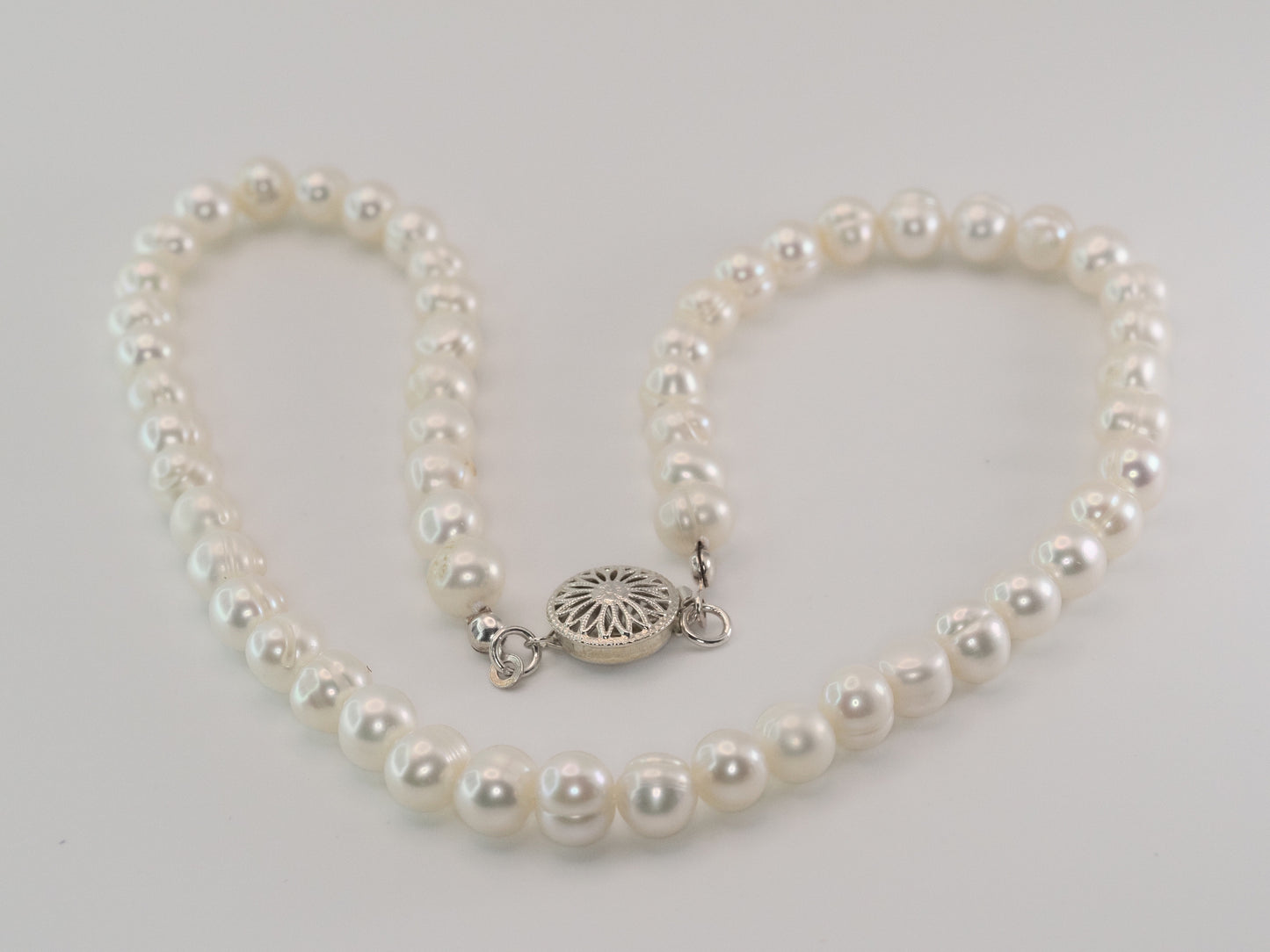 White Potato Pearl Necklace | Graduated Freshwater Pearls | Sterling Silver Filigree Box Clasp | Handmade Classic Necklace