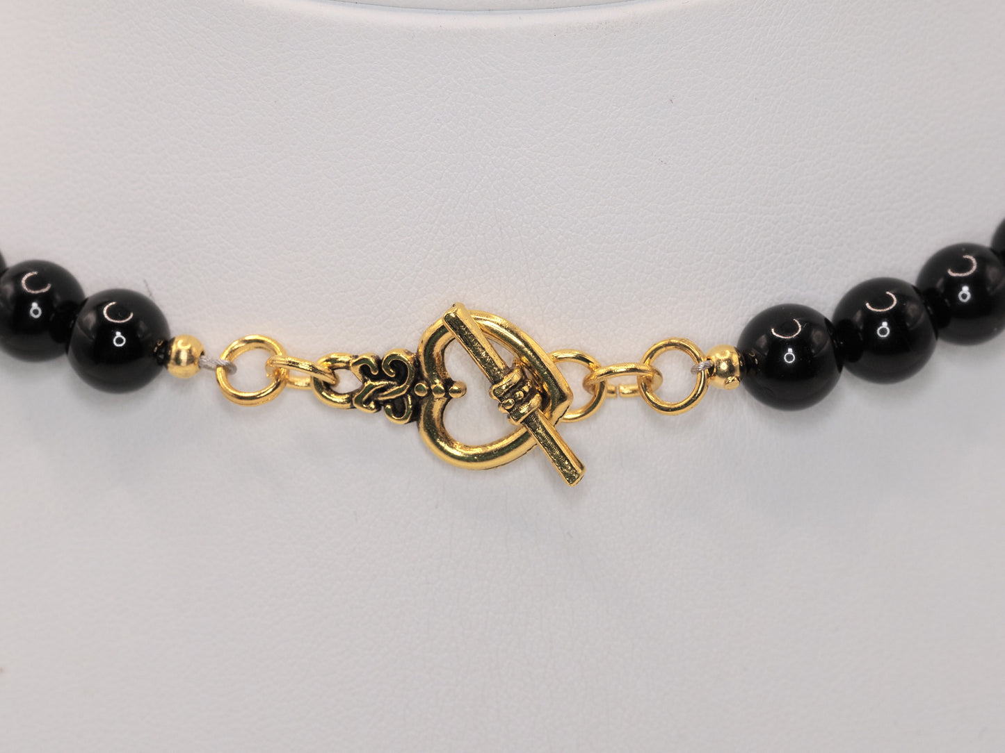 Black Onyx Bead Necklace | Gold Heart Toggle Clasp | 8mm Beads | 16 Inch | Handmade Gemstone Necklace
