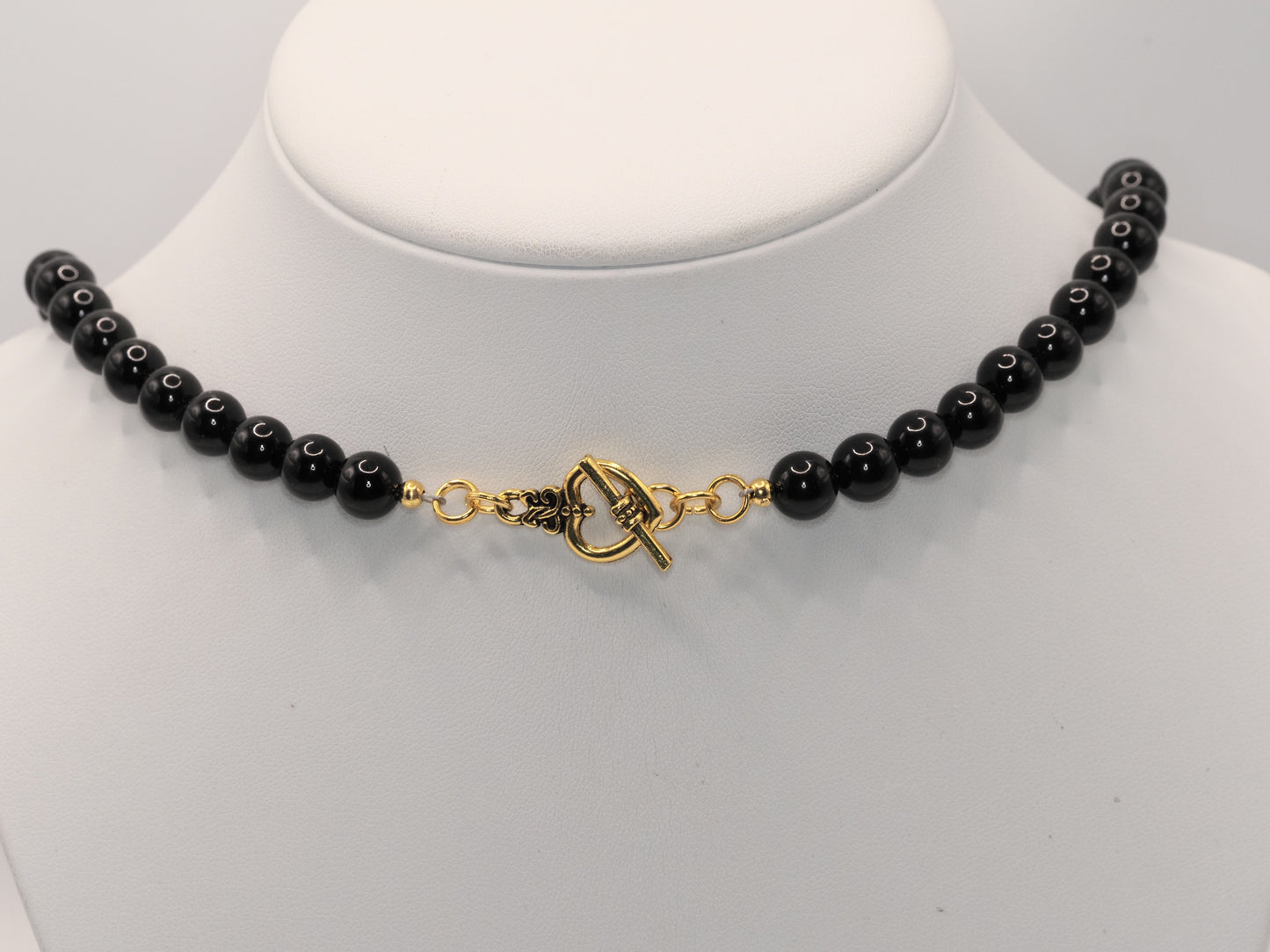 Black Onyx Bead Necklace | Gold Heart Toggle Clasp | 8mm Beads | 16 Inch | Handmade Gemstone Necklace