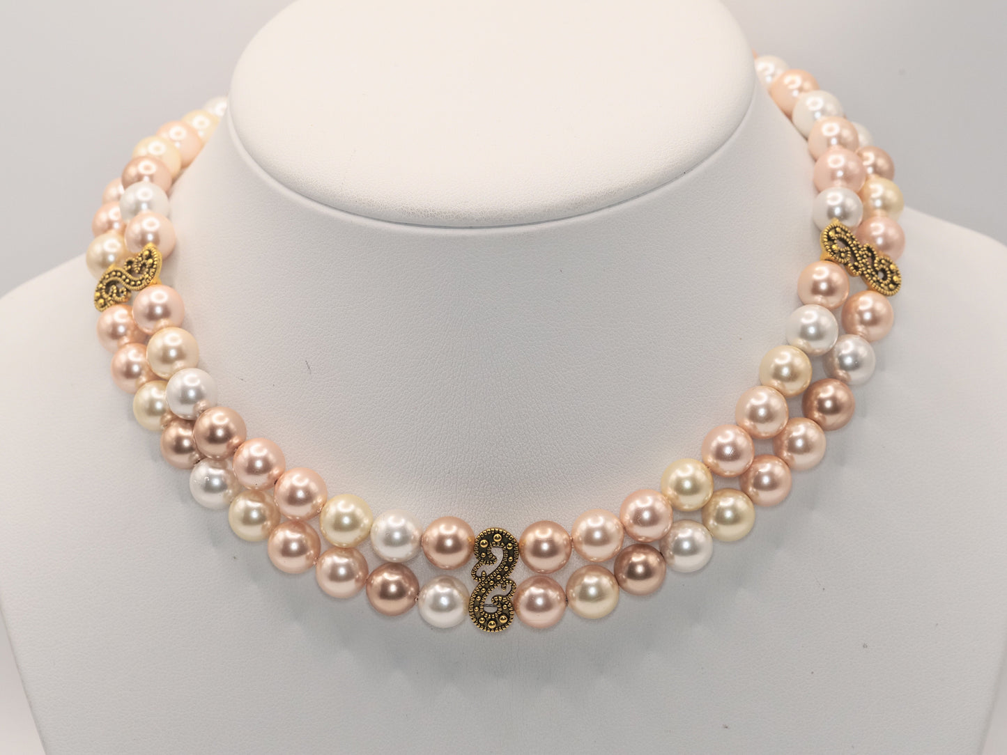 Double Strand Shell Pearl Choker | Blush Pink Cream and Ivory | Gold Scroll Connector | Handmade Bridal Necklace