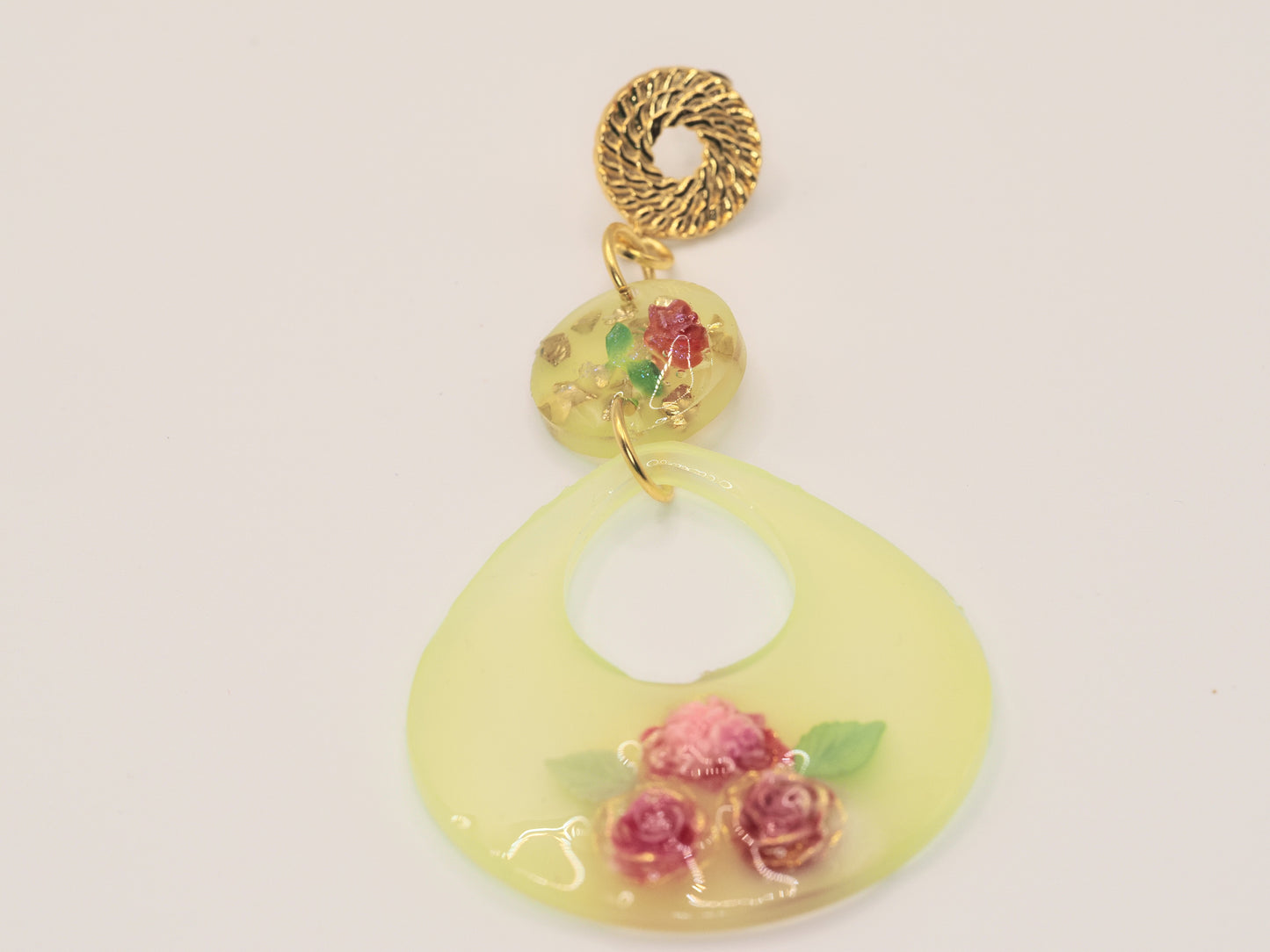 Yellow Resin Rose Drop Earrings | Gold Spiral Stud | Floral Statement Earrings | Handmade Resin Jewellery