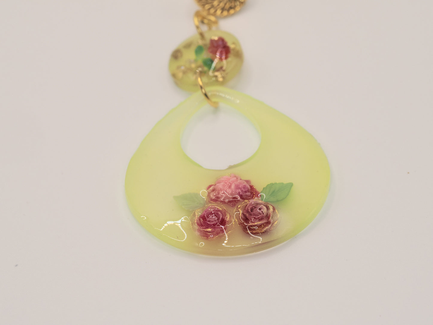 Yellow Resin Rose Drop Earrings | Gold Spiral Stud | Floral Statement Earrings | Handmade Resin Jewellery
