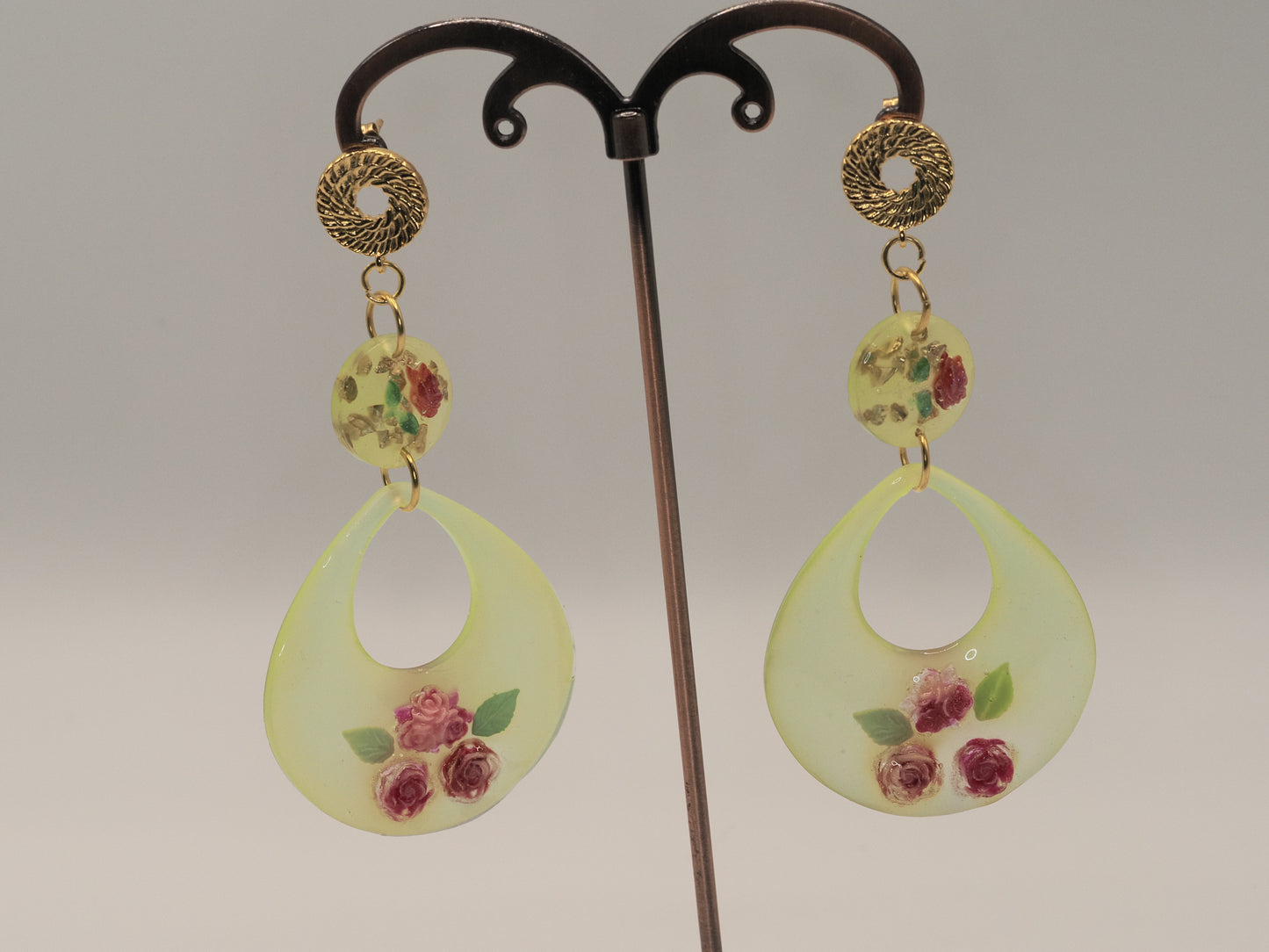 Yellow Resin Rose Drop Earrings | Gold Spiral Stud | Floral Statement Earrings | Handmade Resin Jewellery
