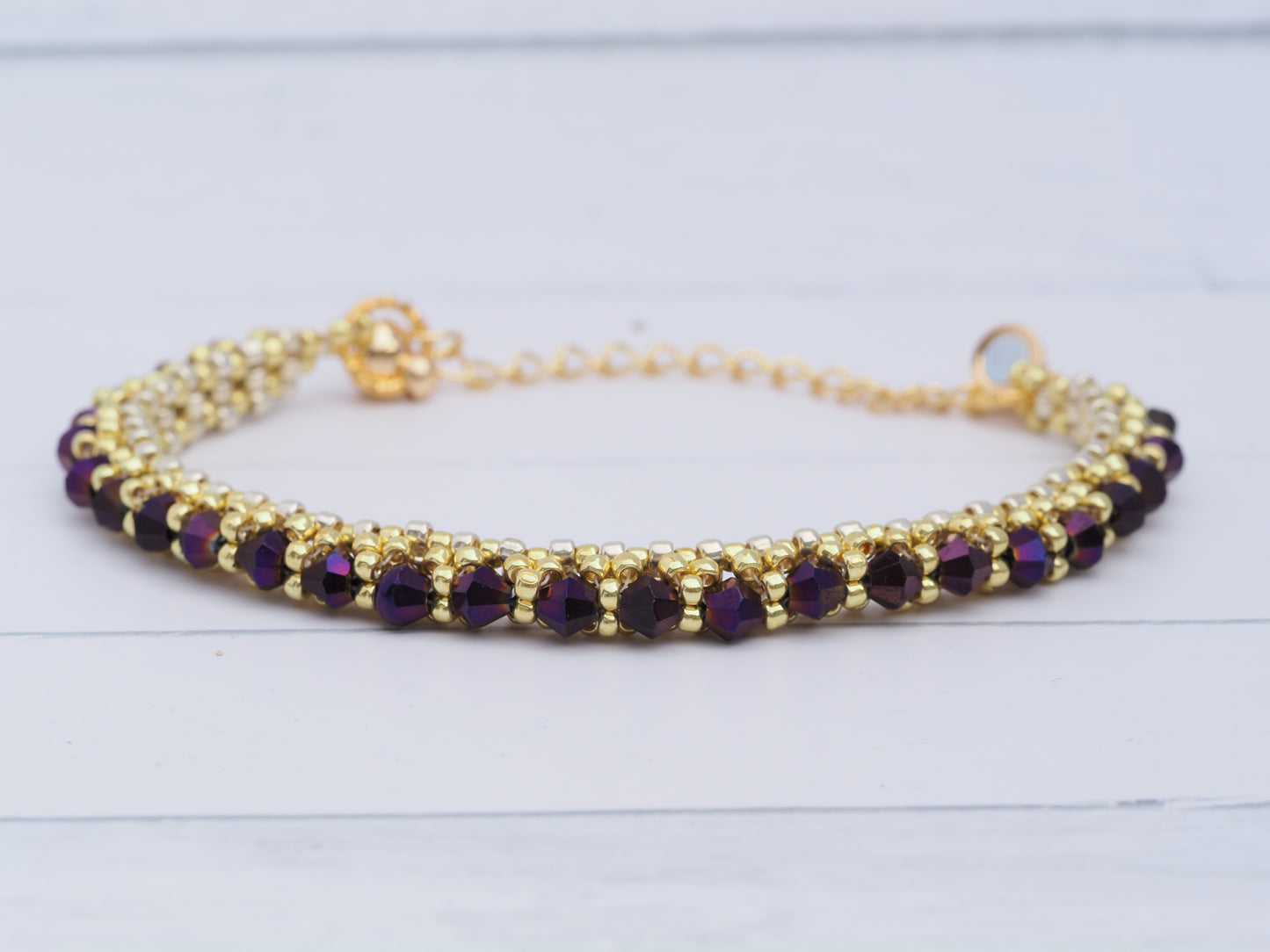 Amethyst Crystal & Gold Tone Bracelet | Beaded Tennis Style | Magnetic Clasp with Safety Chain | Handmade Statement Bracelet