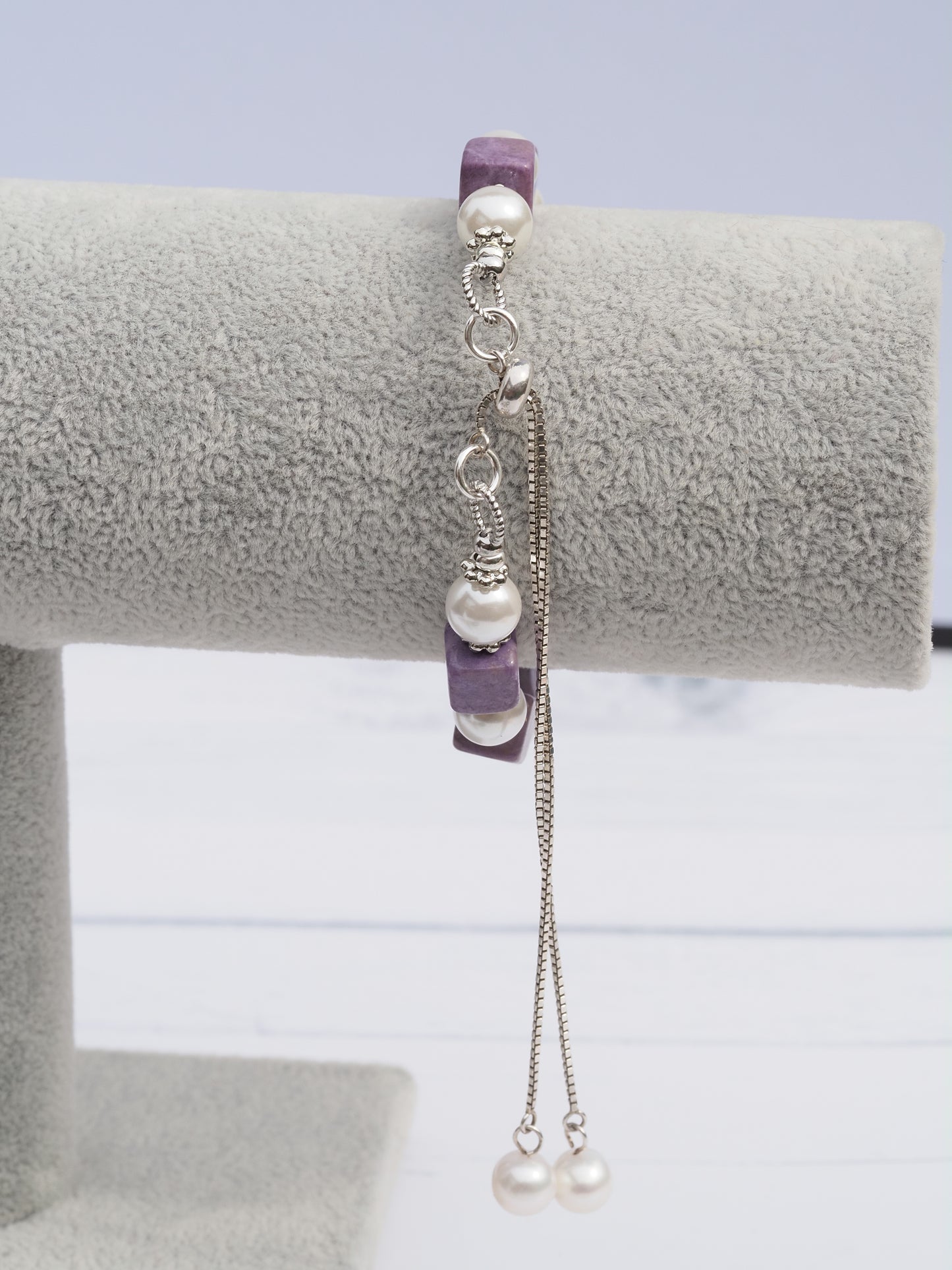 Bursa Jadeite & White Shell Pearl Bracelet | Sterling Silver Adjustable Slider | Silver Spacers | Handmade Gemstone Bracelet
