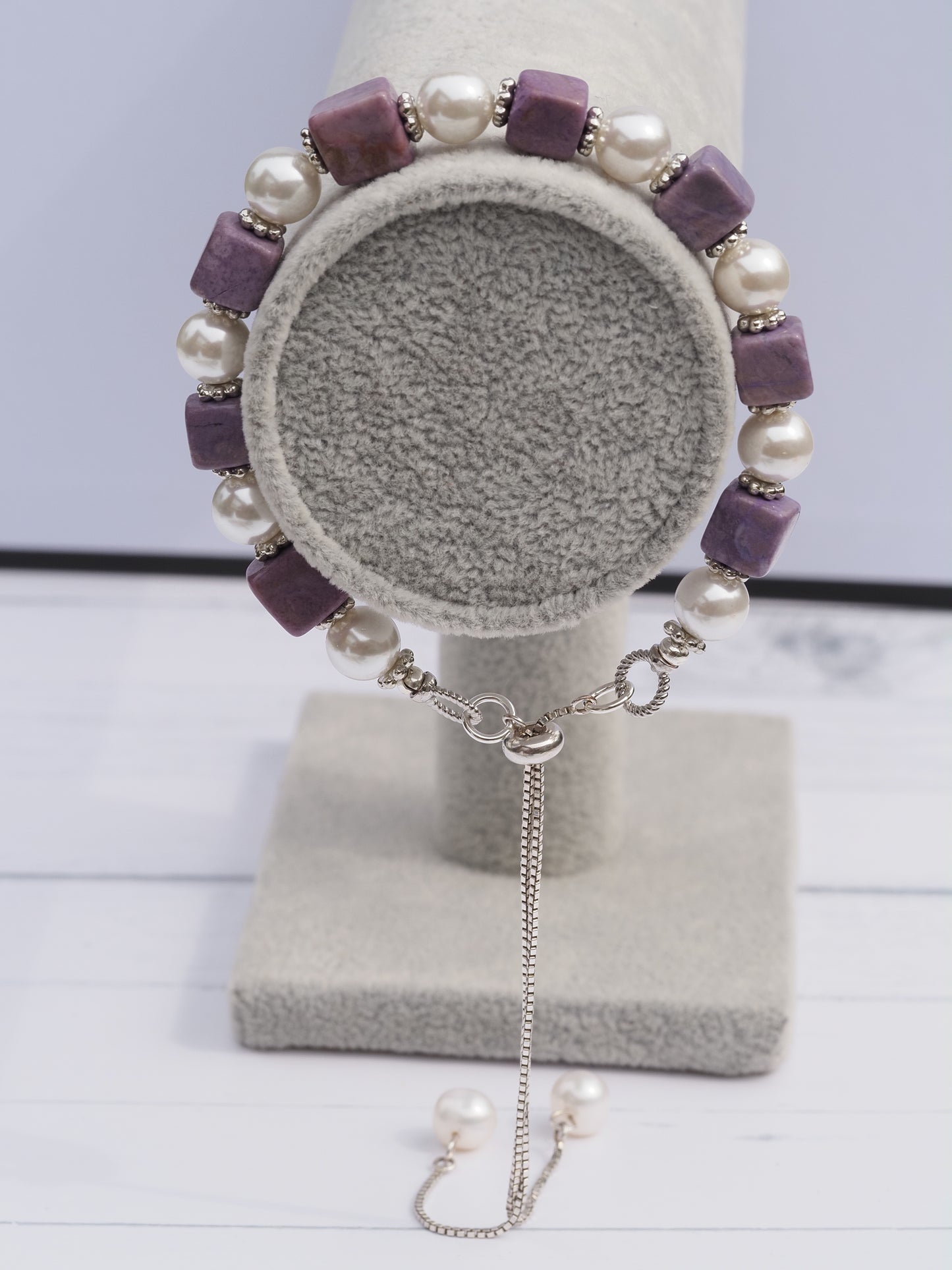 Bursa Jadeite & White Shell Pearl Bracelet | Sterling Silver Adjustable Slider | Silver Spacers | Handmade Gemstone Bracelet
