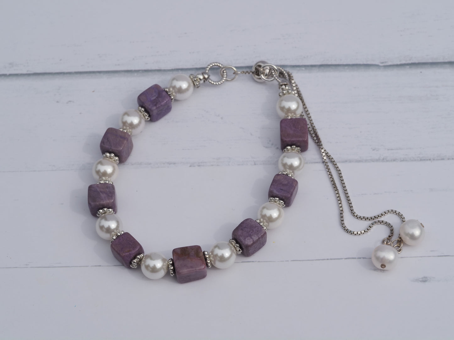Bursa Jadeite & White Shell Pearl Bracelet | Sterling Silver Adjustable Slider | Silver Spacers | Handmade Gemstone Bracelet