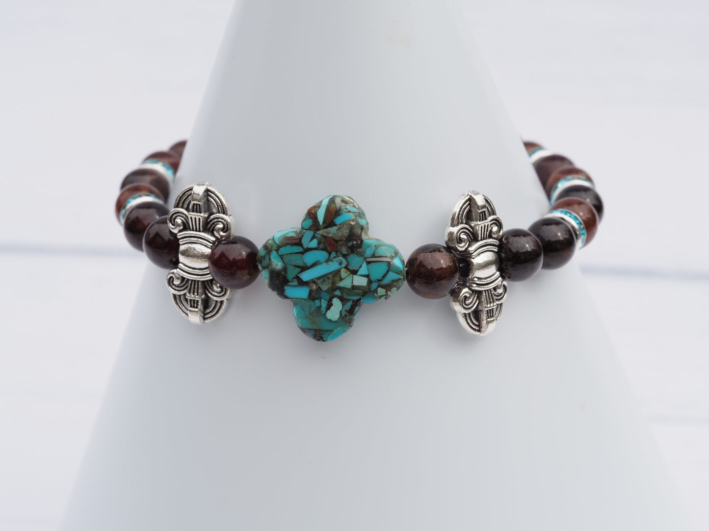 Turquoise & Burmese Garnet Bracelet | Antique Silver | Magnetic Clasp | Handmade Gemstone Bracelet | Boho Luxury