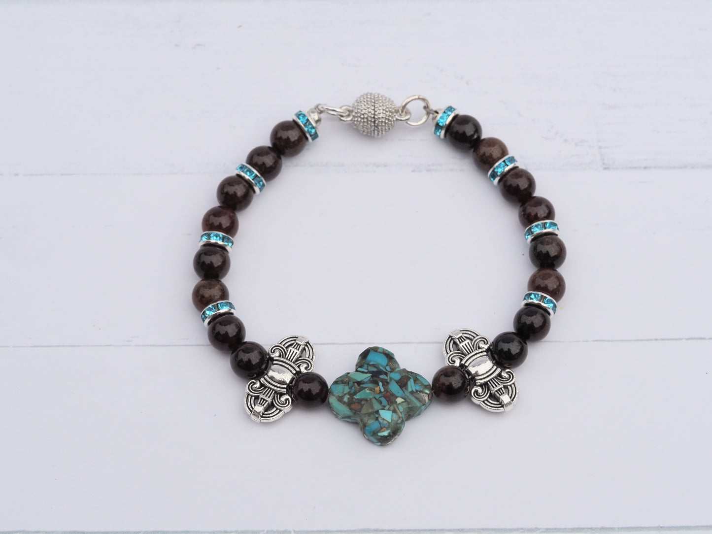 Turquoise & Burmese Garnet Bracelet | Antique Silver | Magnetic Clasp | Handmade Gemstone Bracelet | Boho Luxury