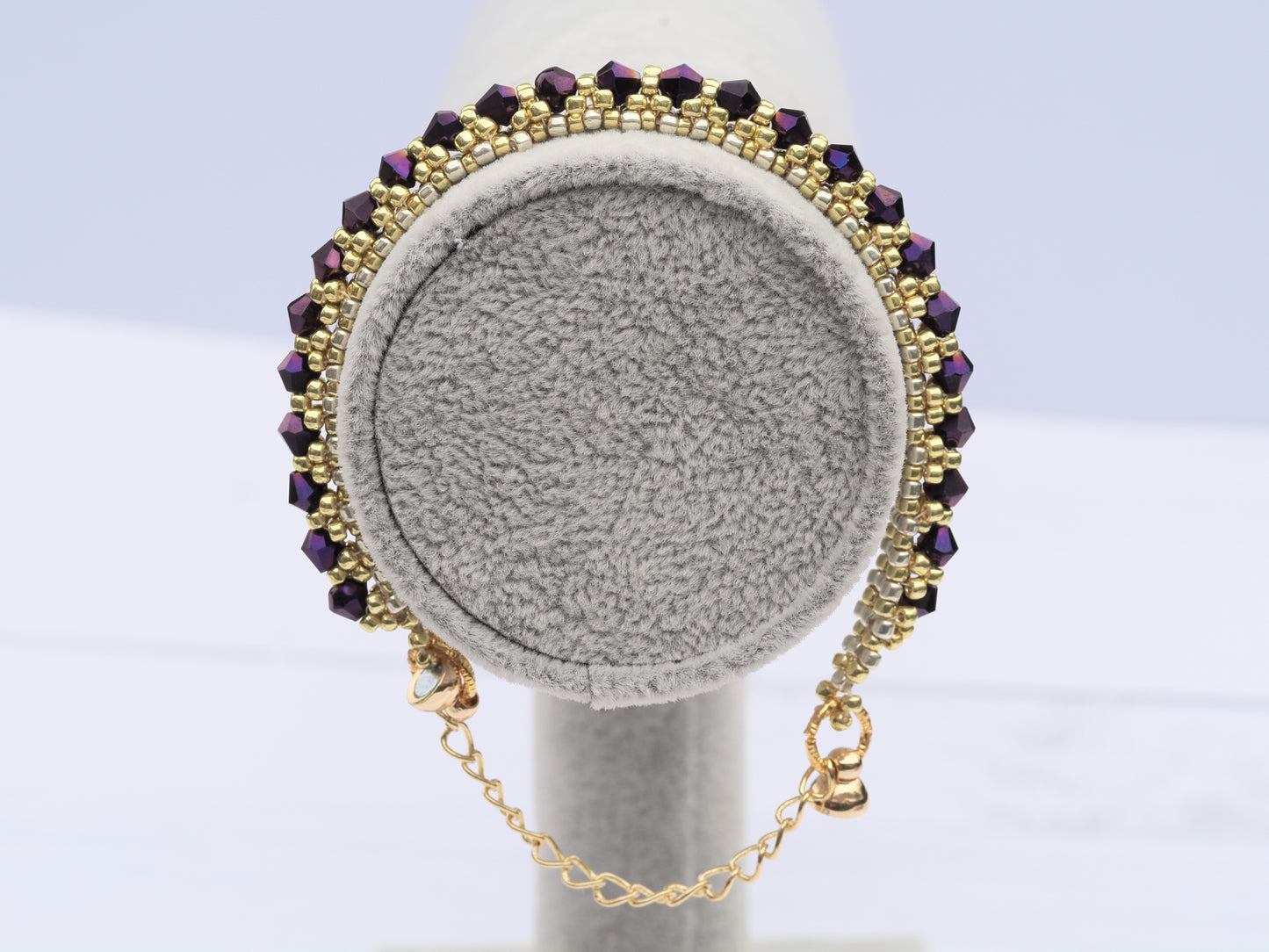 Amethyst Crystal & Gold Tone Bracelet | Beaded Tennis Style | Magnetic Clasp with Safety Chain | Handmade Statement Bracelet