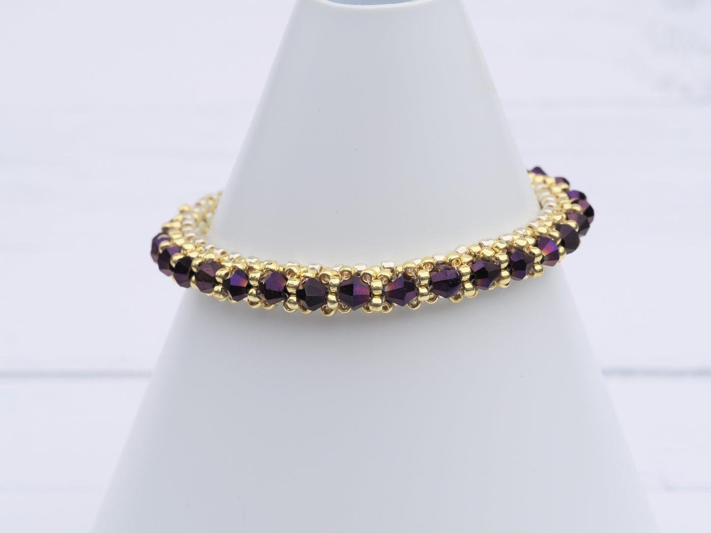 Amethyst Crystal & Gold Tone Bracelet | Beaded Tennis Style | Magnetic Clasp with Safety Chain | Handmade Statement Bracelet