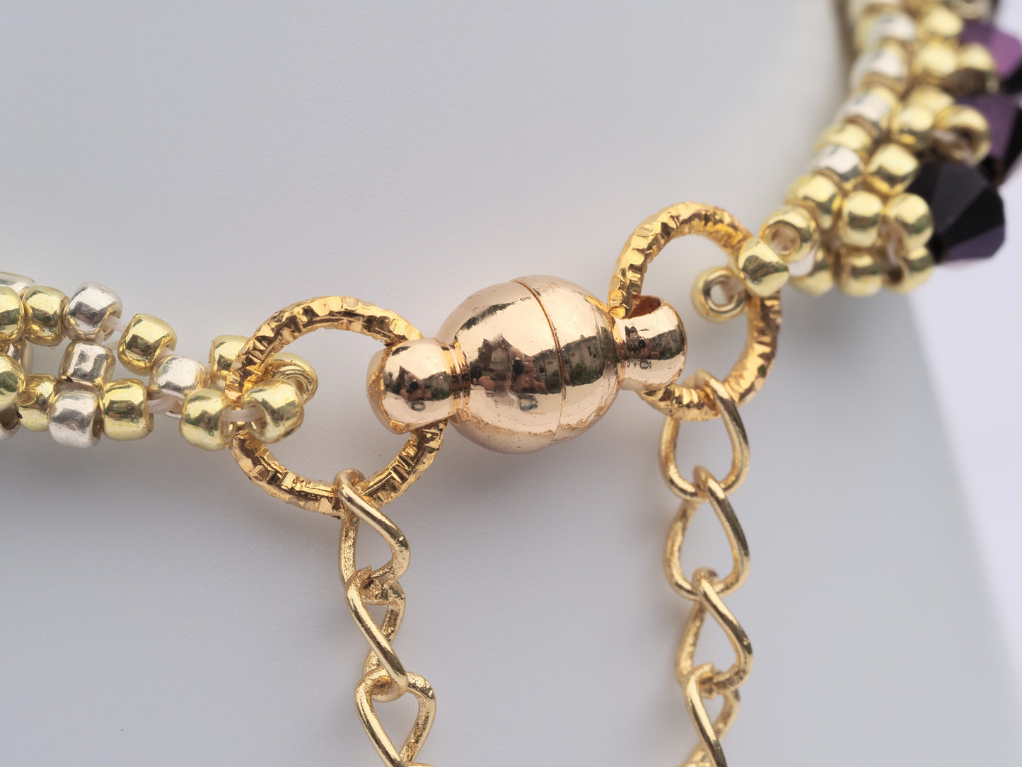 Amethyst Crystal & Gold Tone Bracelet | Beaded Tennis Style | Magnetic Clasp with Safety Chain | Handmade Statement Bracelet