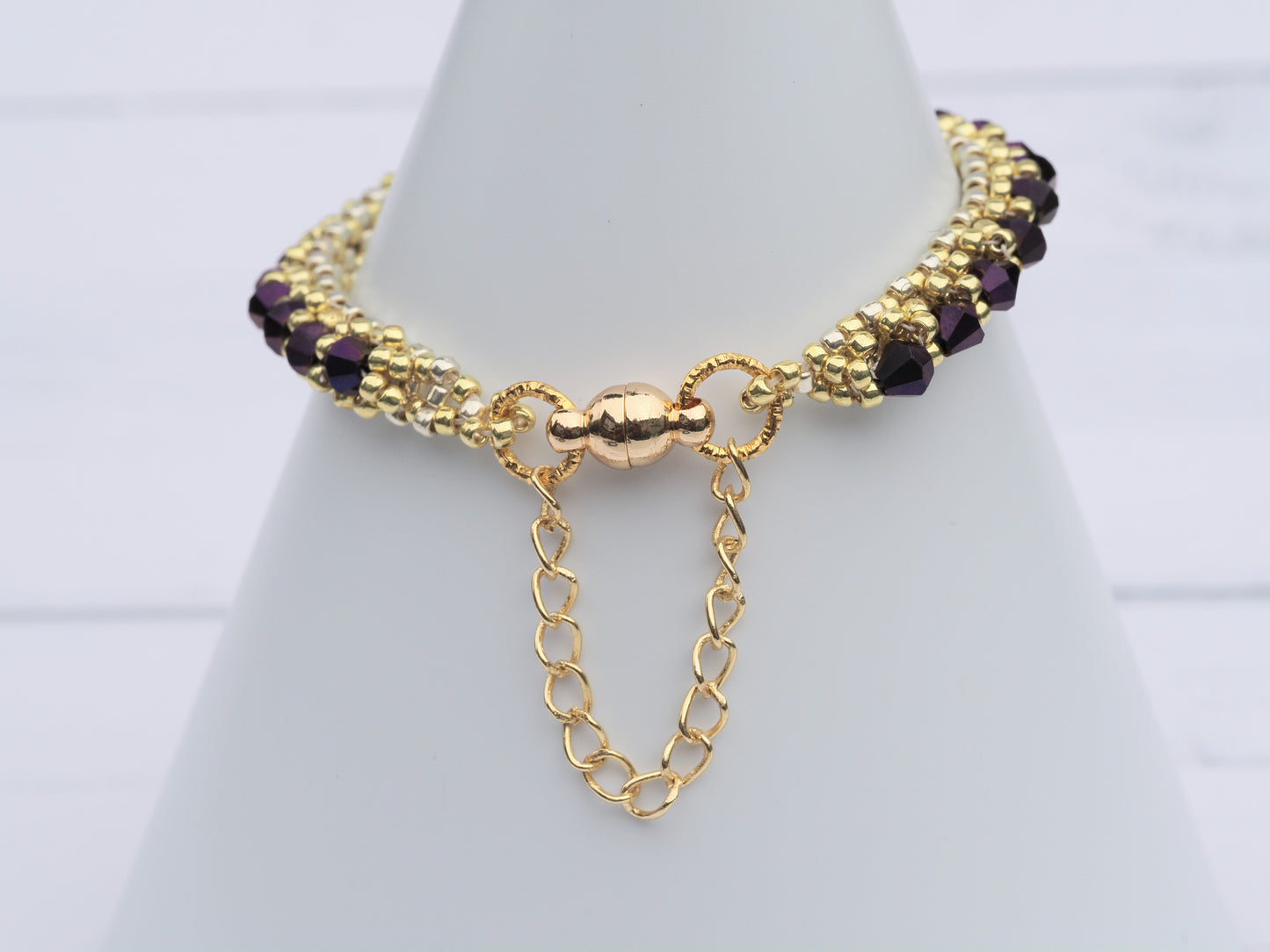 Amethyst Crystal & Gold Tone Bracelet | Beaded Tennis Style | Magnetic Clasp with Safety Chain | Handmade Statement Bracelet