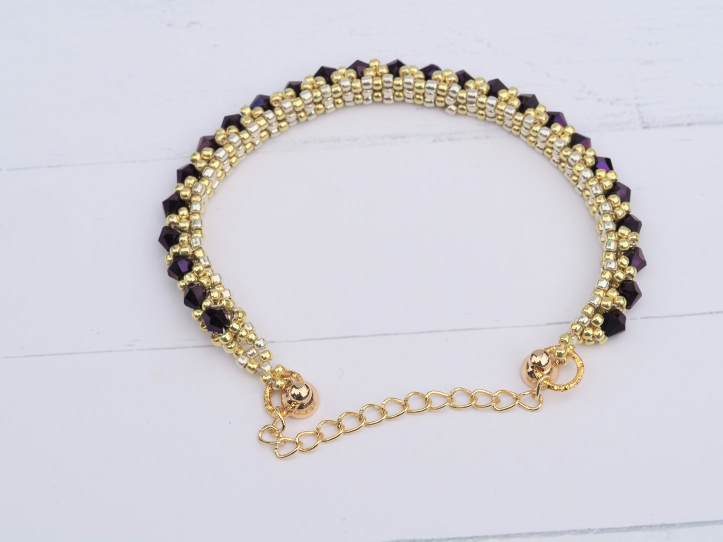 Amethyst Crystal & Gold Tone Bracelet | Beaded Tennis Style | Magnetic Clasp with Safety Chain | Handmade Statement Bracelet
