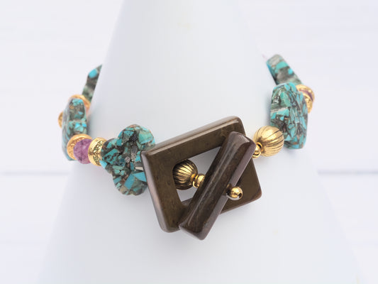 Turquoise Clover & Anahi Ametrine Bracelet | Gold Plated | Brown Jasper Toggle Clasp | Handmade Gemstone Bracelet | Boho Luxury
