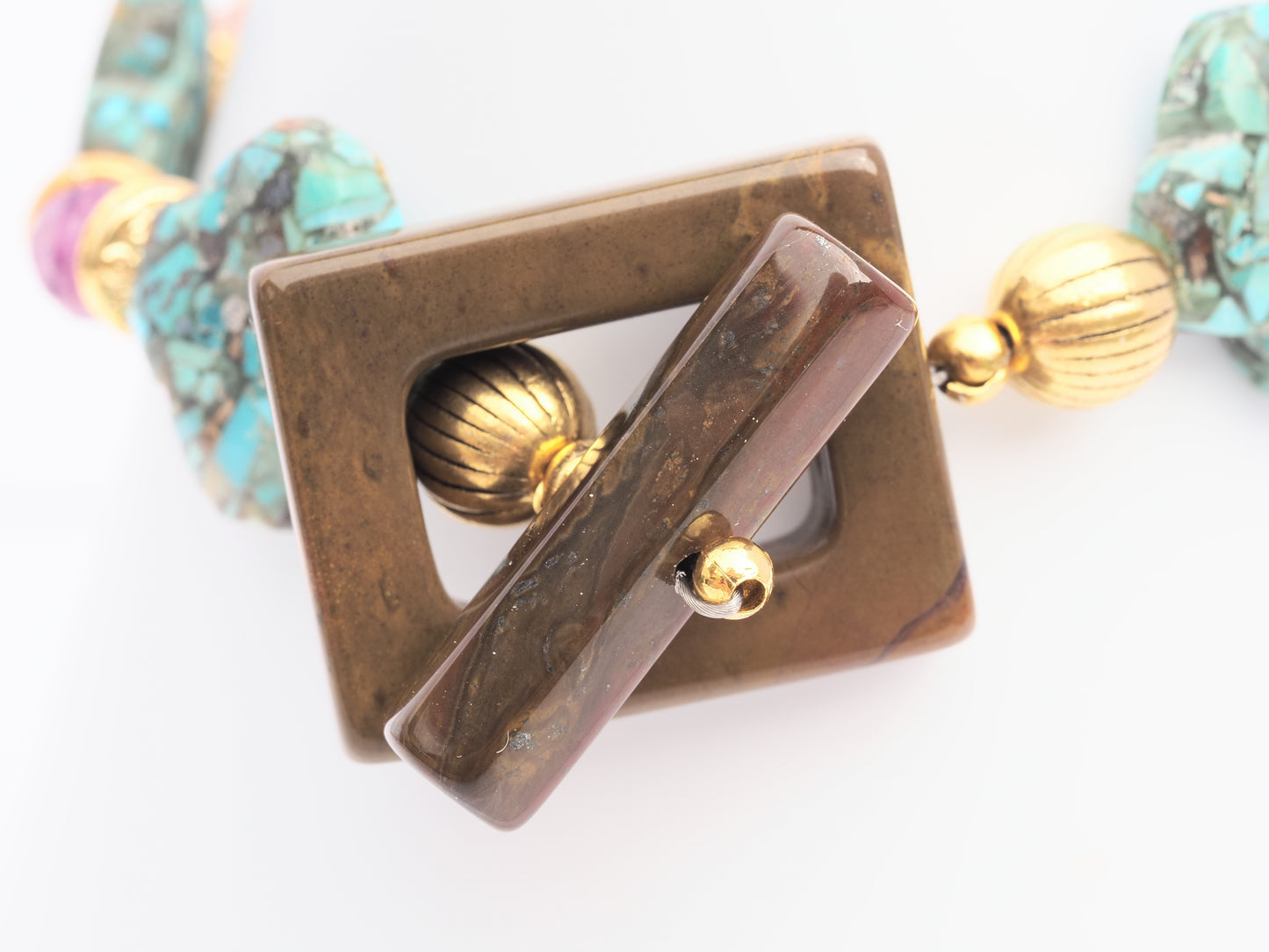 Turquoise Clover & Anahi Ametrine Bracelet | Gold Plated | Brown Jasper Toggle Clasp | Handmade Gemstone Bracelet | Boho Luxury