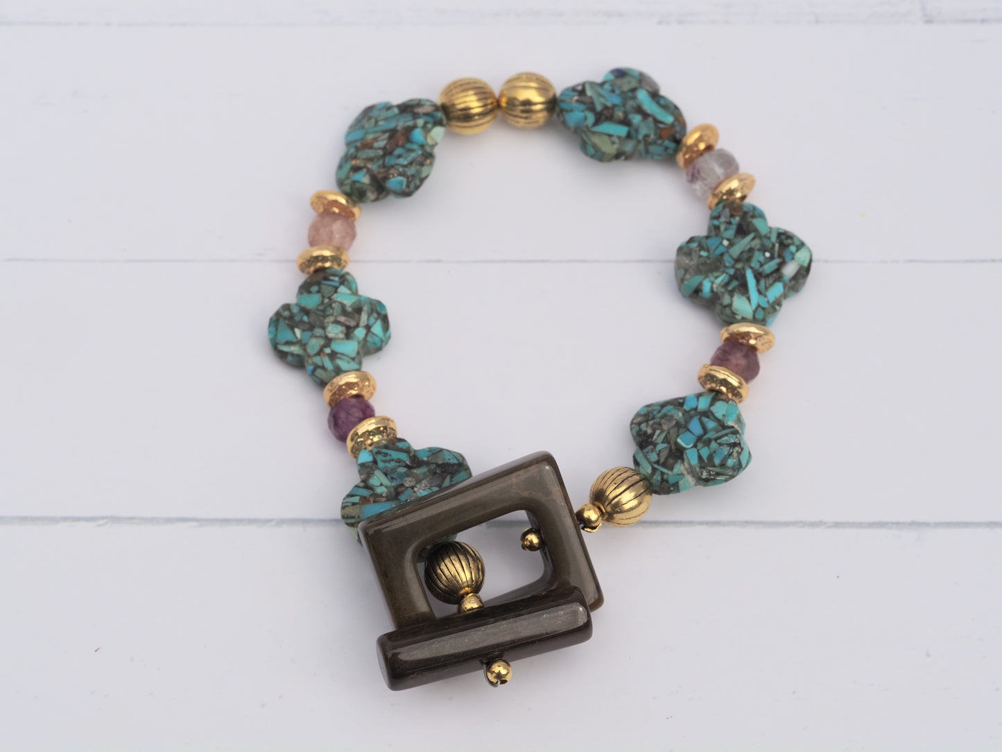 Turquoise Clover & Anahi Ametrine Bracelet | Gold Plated | Brown Jasper Toggle Clasp | Handmade Gemstone Bracelet | Boho Luxury