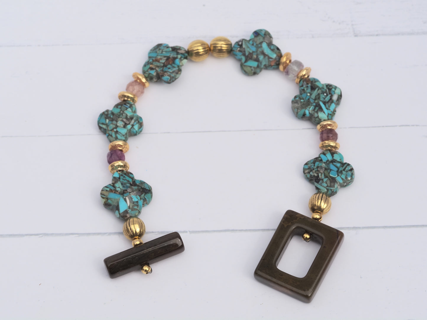 Turquoise Clover & Anahi Ametrine Bracelet | Gold Plated | Brown Jasper Toggle Clasp | Handmade Gemstone Bracelet | Boho Luxury