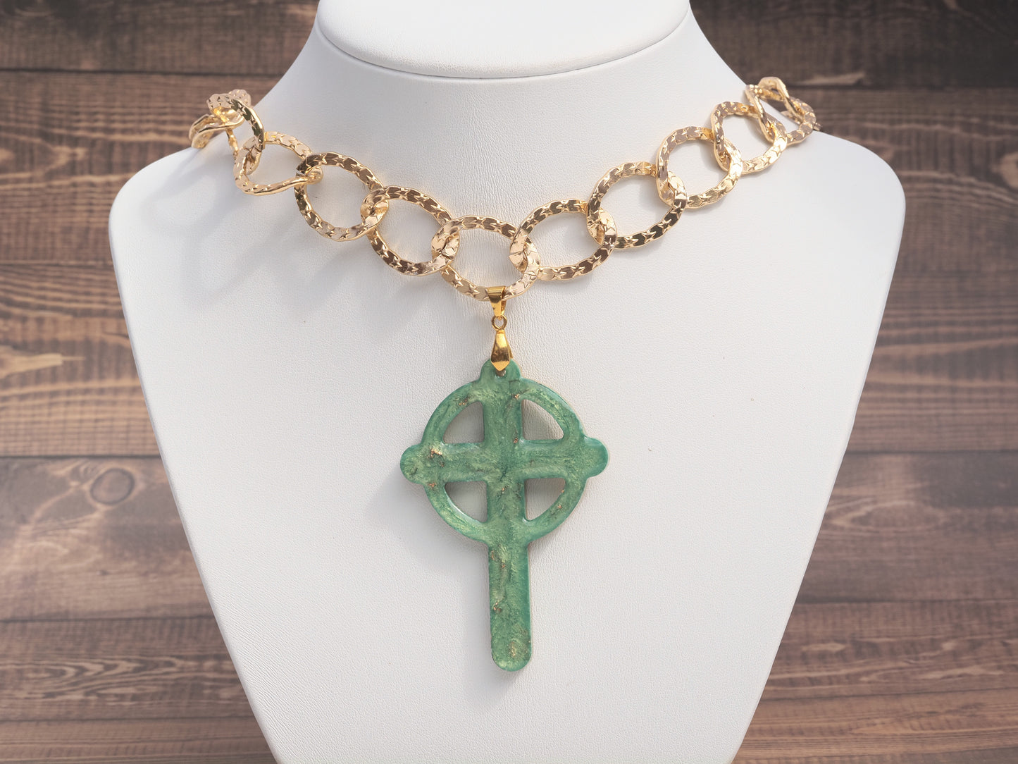 Handmade Resin Celtic Cross Pendant Necklace | Reversible Green & Gold | Large Link Gold Chain | Longline Statement Necklace 21 inches