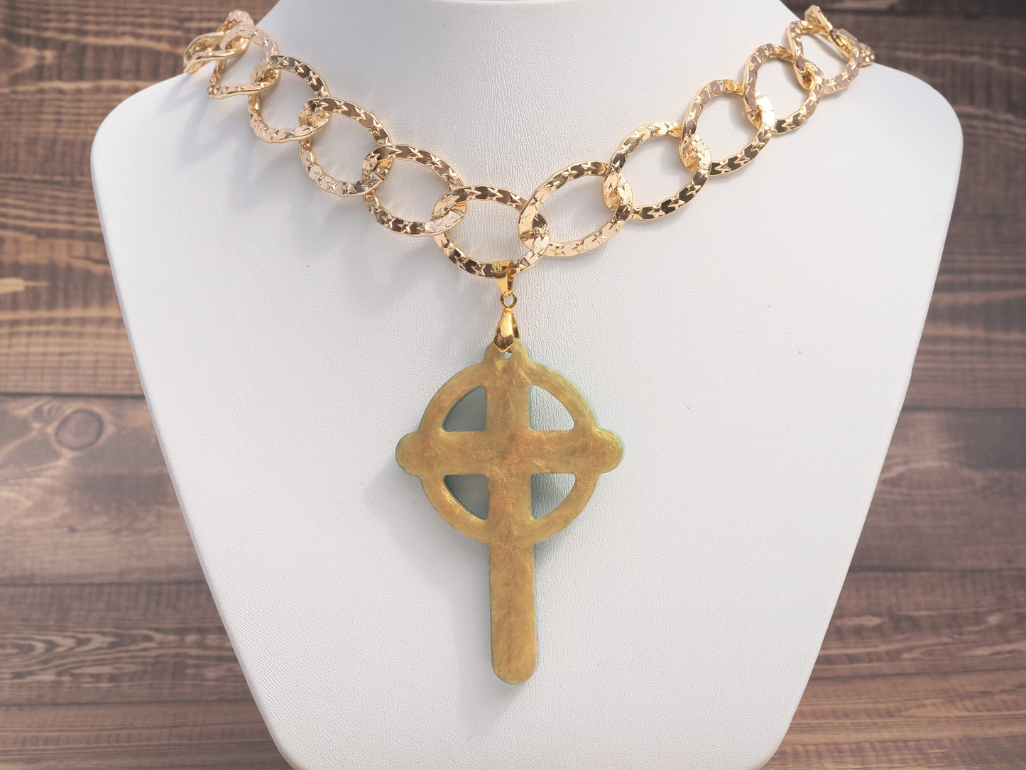 Handmade Resin Celtic Cross Pendant Necklace | Reversible Green & Gold | Large Link Gold Chain | Longline Statement Necklace 21 inches