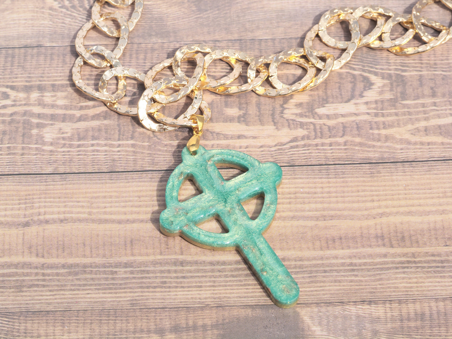 Handmade Resin Celtic Cross Pendant Necklace | Reversible Green & Gold | Large Link Gold Chain | Longline Statement Necklace 21 inches