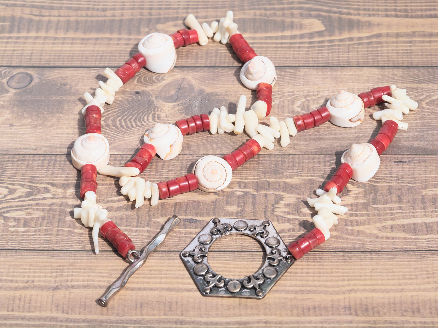 Spiral Shell & Bamboo Coral Necklace | Antique Silver Hexagon Toggle | Natural Coral & Shell | Handmade Statement Necklace