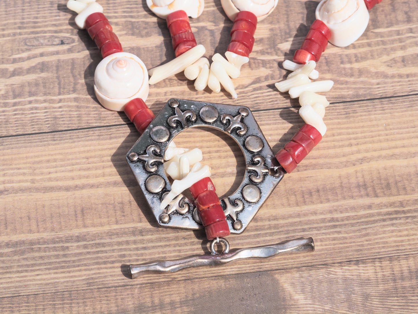 Spiral Shell & Bamboo Coral Necklace | Antique Silver Hexagon Toggle | Natural Coral & Shell | Handmade Statement Necklace