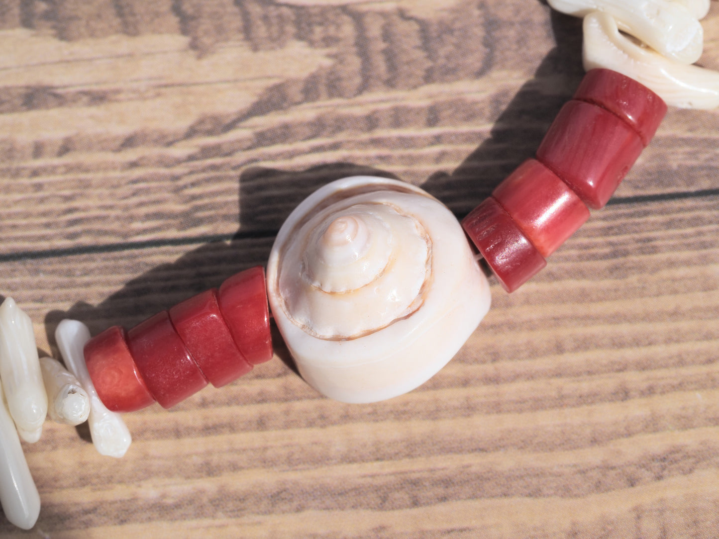 Spiral Shell & Bamboo Coral Necklace | Antique Silver Hexagon Toggle | Natural Coral & Shell | Handmade Statement Necklace