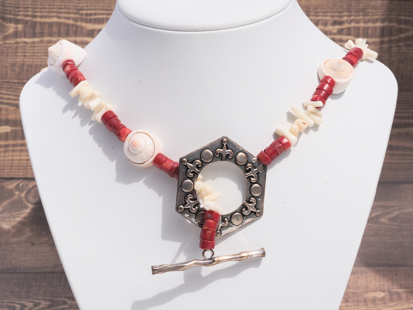 Spiral Shell & Bamboo Coral Necklace | Antique Silver Hexagon Toggle | Natural Coral & Shell | Handmade Statement Necklace