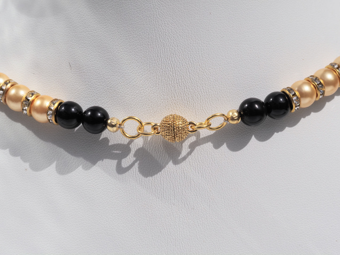 Gold Shell Pearl & Black Agate Necklace | Rhinestone Rondelles | Gold Plated Magnetic Clasp | Handmade Beaded Necklace