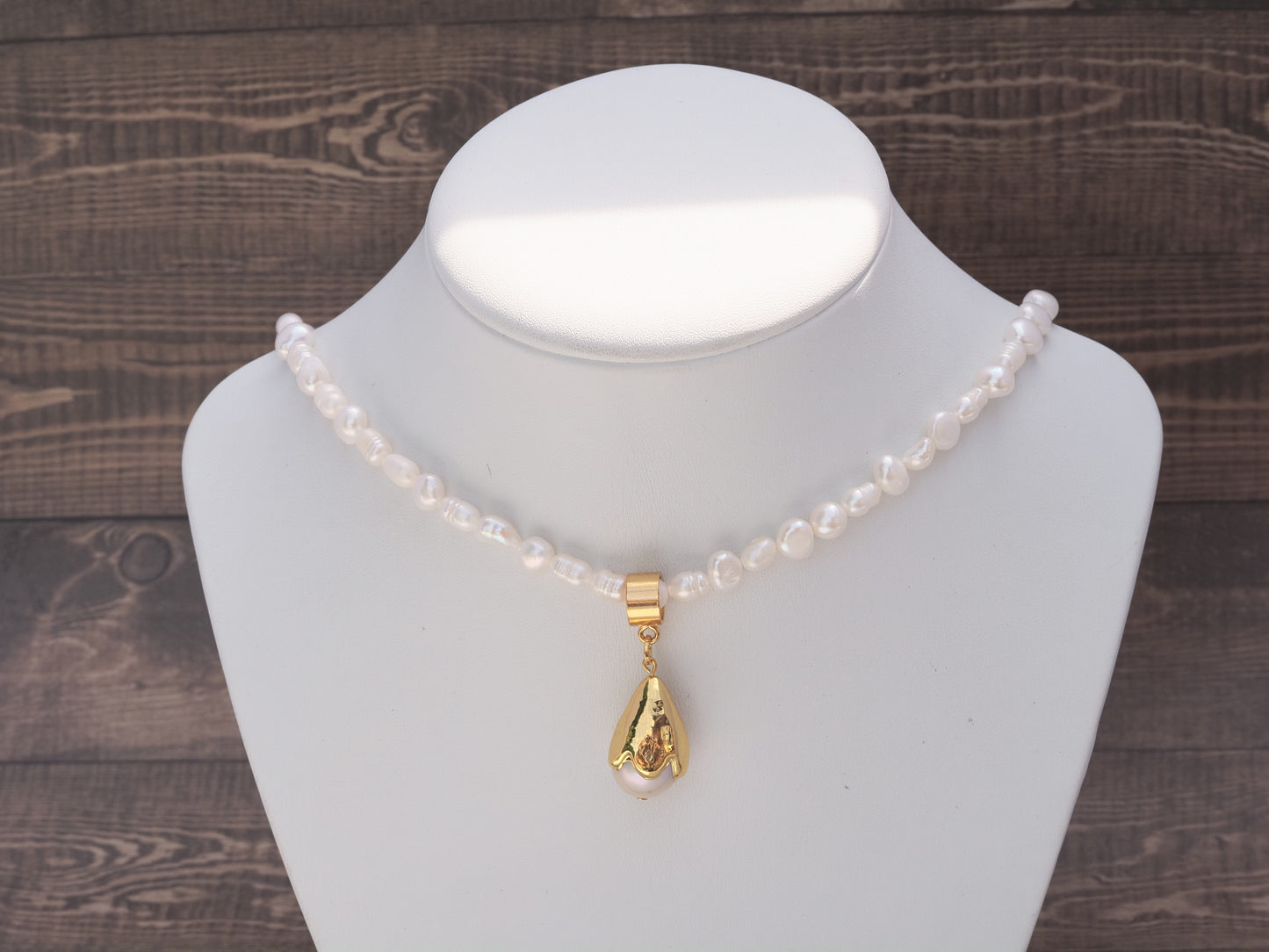 Freshwater Potato Pearl Necklace | Gold Electroplated Pearl Drop Pendant | Tulip Toggle Clasp | Handmade Bridal Necklace