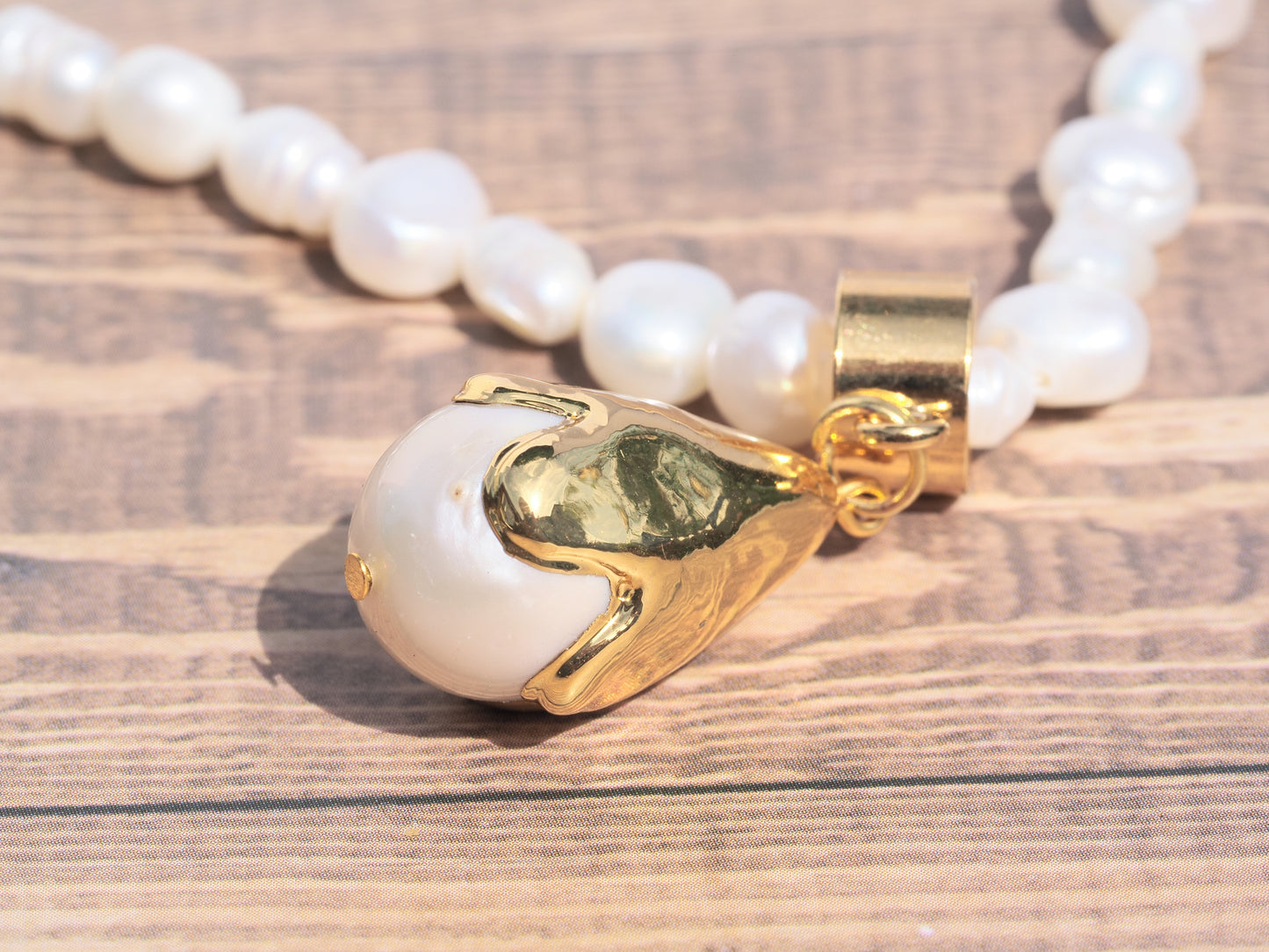 Freshwater Potato Pearl Necklace | Gold Electroplated Pearl Drop Pendant | Tulip Toggle Clasp | Handmade Bridal Necklace