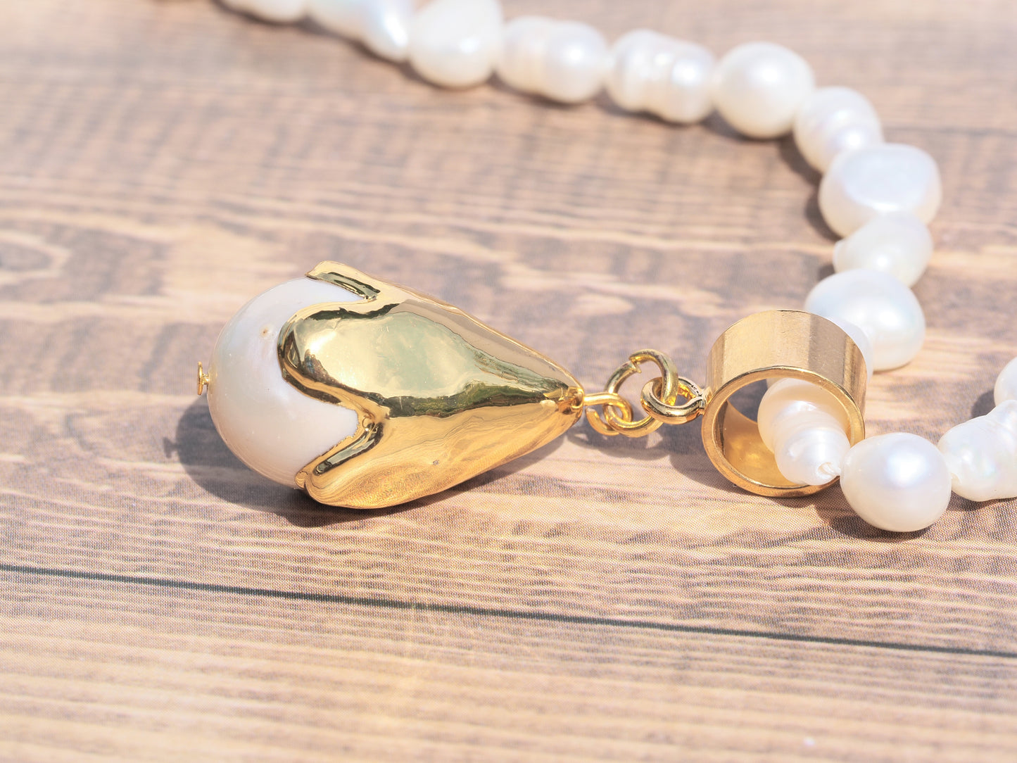 Freshwater Potato Pearl Necklace | Gold Electroplated Pearl Drop Pendant | Tulip Toggle Clasp | Handmade Bridal Necklace