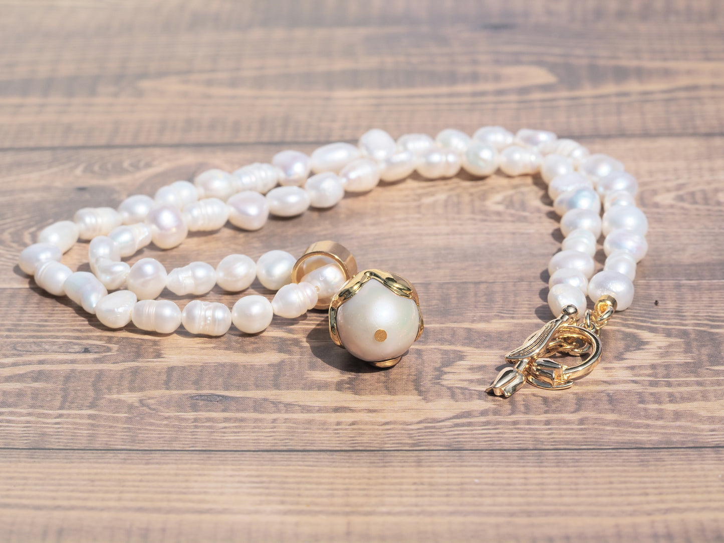 Freshwater Potato Pearl Necklace | Gold Electroplated Pearl Drop Pendant | Tulip Toggle Clasp | Handmade Bridal Necklace
