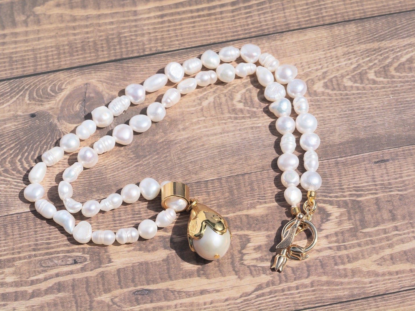 Freshwater Potato Pearl Necklace | Gold Electroplated Pearl Drop Pendant | Tulip Toggle Clasp | Handmade Bridal Necklace