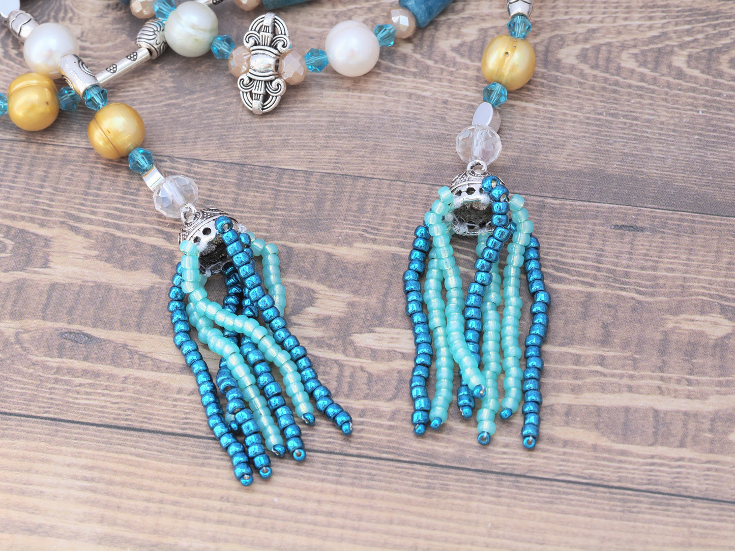 Long Beaded Lariat Wraparound Necklace | Keshi Pearls, Apatite & Crystal | Beaded Tassel Ends | Handmade Boho Luxury Statement Necklace